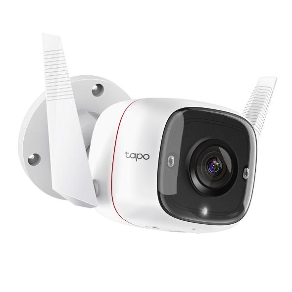 TP-Link Tapo C310 Outdoor Security Wi-Fi Camera with night vision and two-way audio features, mounted outdoors.